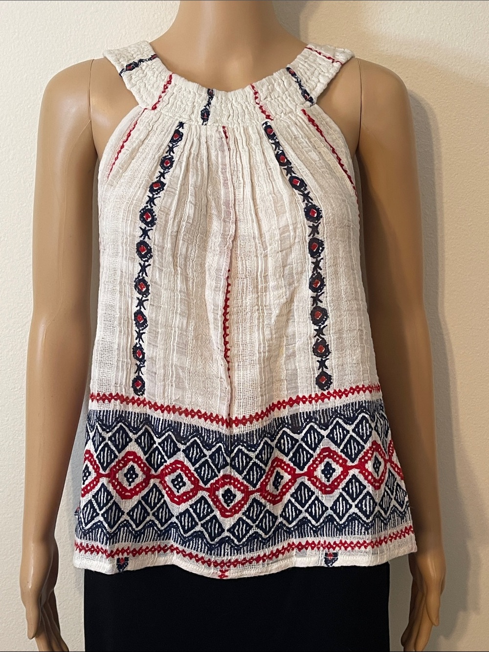 NWT Boho-Style Cream Cotton Gauze Print Sleeveless Top